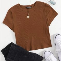 Shein Ribbed Crop Top Stretchy And Thick Material Rusty Orange/Brown Color Never Worn Aesthetic Shirts, Shirts For Teens, Crop Top Outfits, Women T Shirts, Fashion Design Clothes, Shein Tops, Girls Fashion Clothes, Teenage Fashion Outfits, Teen Fashion Outfits