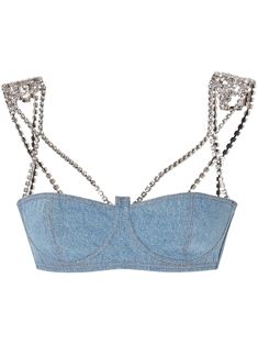 light blue cotton denim crystal embellishment adjustable strap to the rear Denim Bra Top, Denim Bralette, Denim Bra, Denim Rhinestone, Bra Items, Bralette Top, Chanel 2, Iconic Bags, Demi Fine Jewelry