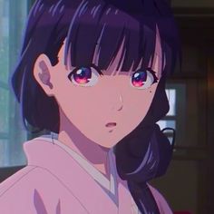 an anime character with pink eyes and black hair looking at the camera while standing in front of a window