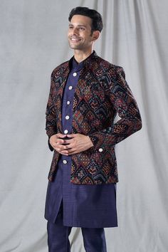 Blue front open jacket with all over floral, scallop embroidery. Paired with an inner sleeveless kurta. Comes along with a pant. - Aza Fashions Transitional Fitted Outerwear With Floral Embroidery, Fitted Outerwear With Intricate Embroidery For Transitional Seasons, Festive Fitted Multicolor Embroidered Outerwear, Festive Fitted Outerwear With Multicolor Embroidery, Transitional Fitted Outerwear With Intricate Embroidery, Fitted Multicolor Outerwear With Intricate Embroidery, Reception Long Sleeve Kurta With Multicolor Embroidery, Multicolor Embroidered Long Sleeve Kurta For Reception, Long Sleeve Multicolor Embroidered Kurta For Reception