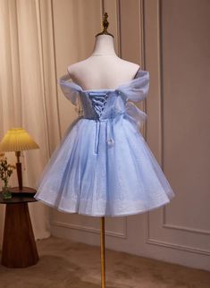 A-line Blue Short Off Shoulder Knee Length Homecoming Dress Prom Dresses Short Blue, Prom Dress Short Lace, Off Shoulder Tulle, Champagne Prom Dress, Grey Prom Dress, Mini Prom Dresses, Mini Homecoming Dresses, Prom Dresses Yellow, Quince Ideas