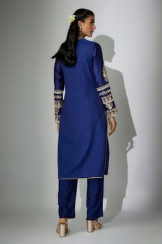 Royal blue chanderi kurta with zardosi and marodi work. Paired with a pant and dupatta. - Aza Fashions Blue Kurta For Reception And Navratri, Blue Kurta For Reception During Navratri, Blue Cotton Silk Traditional Wear For Reception, Blue Straight Kurta Set For Reception, Bollywood Style Indigo Sets With Zari Work, Bollywood Indigo Sets With Zari Work, Festive Indigo Sets With Zari Work, Blue Cotton Silk Churidar With Dabka Work, Blue Silk Churidar For Navratri