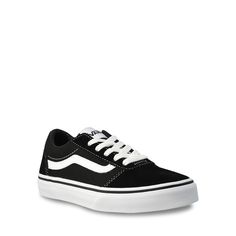 Hit the ramp in style with these youth Vans Ward black skateboard shoes. Made from a durable canvas upper with a contrast trim detail and stitching accents, these skate sneakers feature a lace up closure, a fabric lining, a cushioned footbed, a vulcanized rubber midsole and a rubber waffle outsole. | Vans Boy's Ward Sneaker in Black Size 5 Medium Low-top Skate Shoes With Elastic Laces For Streetwear, Casual High-top Skate Shoes With Elastic Laces, Lace-up Canvas Shoes With Contrast Sole For Skateboarding, Sporty Sneakers With Elastic Laces For Skateboarding, Casual Lace-up Skateboarding Sneakers, Urban Canvas Shoes For Skateboarding With Round Toe, Streetwear Canvas Shoes With Elastic Laces And Round Toe, Urban Round Toe Canvas Shoes For Skateboarding, Mid-top Canvas Shoes With Laces