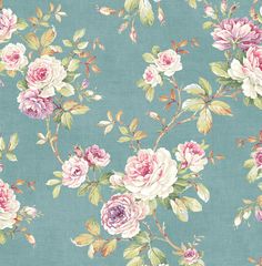 a blue floral wallpaper with pink and white flowers on the top, green background