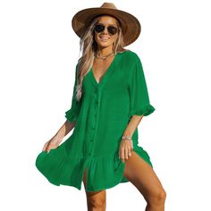 Lie out by the pool in this woven swim cover-up dress featuring a V-neckline, dropped short sleeves, button-front closures, ruffled trim, and a midi hem. The V-neckline style design adds a touch of femininity, while the relaxed fit ensures a flattering silhouette. So whether you're lounging by the pool or taking a stroll along the shore, this cover-up dress has got you covered! Product Code: CAA07B2M013CC/CAA07B2M013AA/CAA07B2M013GG/CAA07B2M013PP/CAA07B2M013ED Model Wearing Size: S Height:5‘6" in / 168 cm Bust:34 in / 86 cm Waist:25 in / 63 cm Hips:30 in / 76 cm Cupshe Dress, Navy Blue Dress Casual, Skirt Coverup, Cupshe Swimsuits, Swim Cover Up Dress, Beach Coverup Dress, Bathing Suit Cover Up, Short Sleeve Mini Dress, Swim Cover