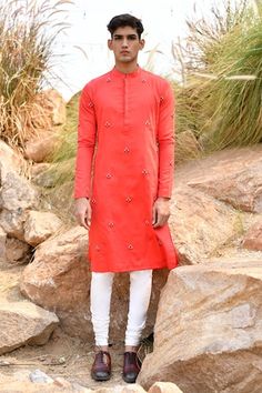 Red kurta with resham, cutdana, zardozi, pearl embroidery in hibiscus pattern. Paired with churidar. - Aza Fashions Hibiscus Pattern, Red Kurta, Men Kurta, Pearl Embroidery, Churidar, Full Sleeves, Mandarin Collar, Aza Fashion, Full Sleeve