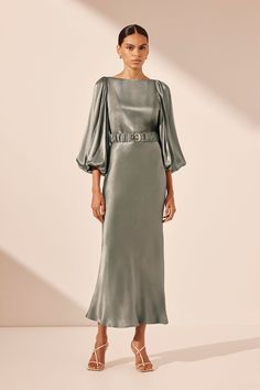 La Lune Balloon Sleeve Midi Dress with Belt | Sage | Dresses | Shona Joy Satin Wedding Guest Dress With Sleeves, Satin Gown Bridesmaid, Charity Event Outfit, Silk Dress Outfit Classy, Baloon Dress, Bridesmaid Satin Dresses, Shona Joy La Lune, Shona Joy Dress, Sage Dresses