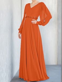 Burnt_Orange Orange Mother Of The Bride Dresses, White Wisteria, Long Sleeves Dress, Burnt Orange Dress, Beaded Chiffon, Sophisticated Dress, Chiffon Material, Sleeves Dress, Mother Of The Bride Dress