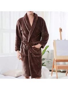 1pc Flannel Robe, Soft And Cozy Homewear, Suitable For Bedroom, Bathroom, Poolside Brown    Polyester Plain  Slight Stretch  Bathroom, size features are:Bust: ,Length: ,Sleeve Length: Cozy Homewear, Pool Bedroom, Flannel Robe, Bath Wrap, Stitch Fit, Bathroom Size, Sleepwear Robe, Bathroom Towels, Kids Sleepwear