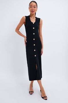 Black Knit Richie Maxi Dress | Hyacinth House Chic Maxi Dress With Button Closure For Formal Occasions, Chic Evening Maxi Dress With Buttons, Elegant Maxi Dress With Button Closure For Day Out, Elegant Buttoned Maxi Dress For Day Out, Family Dinners, Casual Skirts, Classic Beauty, Gold Buttons, Black Knit