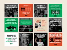 several different posters with people and words in green, orange, and red on them