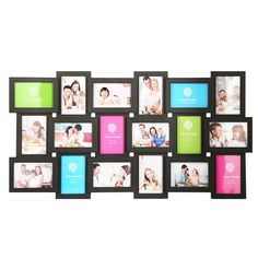 a multi - colored collage of photos hanging on a wall with multiple frames around them