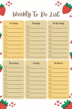 a printable weekly to - do list with strawberries and hearts on the side