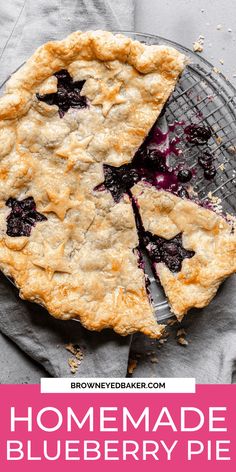 homemade blueberry pie on a cooling rack with text overlay