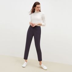 The Colby is our version of a sweatpant for work. An elastic waistband at the back provides comfort and ease, while a jogger-style leg that tapers at the ankle creates a streamlined silhouette. ﻿ Made in China with fabric from Japan. Mm Lafleur, Travel Pants, Suit Pant, Work Style, Work Wear Women, Super Hero Costumes, Fashion Joggers, Colby, White T