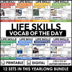 the life skills poster is shown in black and white, with text that reads life skills vocab of the day