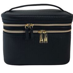 Decorated With An Elegant Basket-Weave Design, This On-Trend, 5-Piece Train Case Set Makes A Stylish Statement, With A Top And A Lower Compartment For All Your Essentials. The Top Compartment Helps Keep You Hydrated And Fresh With Two Travel Bottles, A Shower Pouf, And A Comb. The Gold-Tone Metal Coil Zipper And Pullers Add A Touch Of Bling. Constructed Of Durable Material And Fully Lined For Easy Cleaning, This Versatile 5-Piece Train Case Set Is The Perfect Combination Of Fashion And Function. Elegant Portable Black Cosmetic Bag, Elegant Black Portable Cosmetic Bag, Portable Black Cosmetic Bag, Classic Black Cosmetic Bag For Daily Use, Elegant Black Cosmetic Bag With Zipper Pouch, Chic Black Cosmetic Bag With Zipper Closure, Chic Black Cosmetic Bag With Zipper, Black Cosmetics, Train Case