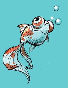 an orange and white fish with bubbles in it's mouth on a blue background