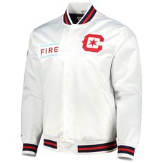 Take a stylish approach to game day with this City full-snap jacket by Mitchell & Ness. A satin finish helps bring the bold Chicago Fire design with eye-catching graphics to life. A midweight construction keeps you covered, comfortable and warm. Imported Officially licensed Machine wash, tumble dry low Full Snap Midweight jacket suitable for moderate temperatures Two front pockets Material: 100% Polyester - Body; 65% Polyester/35% Cotton - Lining Long sleeve Brand: Mitchell & Ness Satin fini Fire Design, Soldier Field, Fire Designs, Satin Jacket, Fabric Applique, Chicago Fire, Satin Jackets, Embroidered Fabric, This City