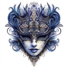 a blue mask with ornate designs on it's face and the eyes are made up of