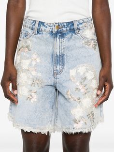 Loulou high-rise Denim Shorts - Farfetch Spring High Waist Embellished Jeans, High-waist Embellished Jeans For Spring, High Waist Denim Bottoms With Floral Embroidery, High Rise Floral Embroidered Jeans, Chic Straight Leg Shorts With Frayed Hem, High-waist Denim Blue Bottoms With Floral Embroidery, High Waist Denim Blue Bottoms With Floral Embroidery, Embellished Denim Blue Denim Bottoms, Spring Denim Blue Bottoms With Floral Embroidery