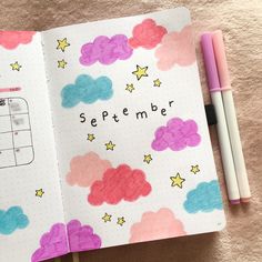 september cloud and stars bullet journal theme #bujo #bujoideas #bulletjournal #bulletjournaling #bulletjournalideas Organisation, September Journal Cover Ideas, School Themed Bullet Journal, Simple Bujo Themes, Cloud Bullet Journal, September Journal Cover, September Journal Ideas, September Bujo Theme, September Bullet Journal Theme