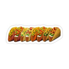 six tacos lined up in a row on a white background sticker with the words taco written below them