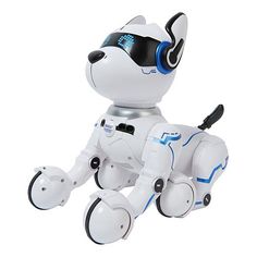 a white robot dog with headphones on