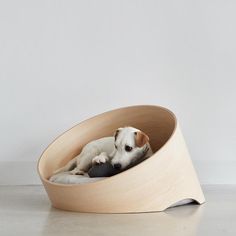 a dog laying in a wooden bowl shaped like a cat bed with its head resting on the pillow