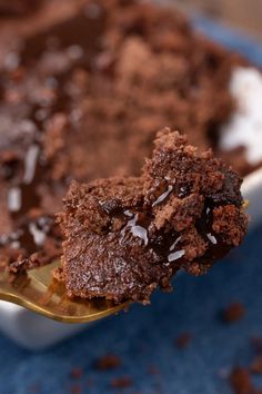 a spoon full of chocolate cake on top of a blue plate with white frosting