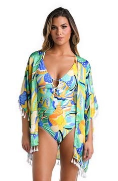 Model is wearing a multicolored Kimono Swimsuit Cover Up Swimsuit Material, Viscose Rayon, Sun Tan, Beach Look, Square Cut, Tropical Print, Cut Design, Dolman Sleeve, Sicily