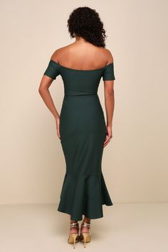 Slip into the Lulus How Much I Care Dark Green Off-the-Shoulder Midi Dress and dance the night away! Medium-weight stretchy ponte knit shapes this stunning dress that features a sweetheart neckline (with no-slip strips) and darted bodice, framed by short off-the-shoulder sleeves. Fitted waist tops a figure-flattering midi skirt with a trumpet silhouette and ruffled high-low hem. Fit: This garment fits true to size. Length: Knee to mid-calf length. Size medium measures 50" from top to bottom. Bus Mermaid Dark, Midi Dress Cocktail, Dark Green Midi Dress, Trumpet Silhouette, Trumpet Dress, Midi Cocktail Dress, Dress Cocktail, Guest Dress, Selling Clothes