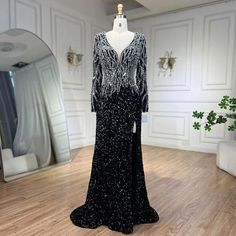 Elegant 2024 Dubai Black Mermaid Evening Dresses: Luxury V-Neck Heavy Beaded Wedding Dress, Black Elegance, Dresses Luxury, Custom Bridesmaid Dress, Mermaid Evening Gown, Black Mermaid, Satin Evening Dresses, Elegant Attire, Evening Dresses Short