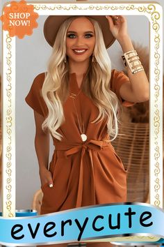 Brown Solid Tie Waist Short Sleeve High Waist Mini Dress Casual V-neck Belted Mini Dress, Casual Belted Mini Dress For Work, Belted Mini Dress In Solid Color, Casual Workwear Mini Dress With Tie Waist, Casual Mini Dress With Tie Waist For Work, Solid Mini Dress With Pockets For Fall, Casual Belted V-neck Mini Dress, Belted Short Sleeve Mini Dress For Fall, Brown Short Sleeve Mini Dress For Fall