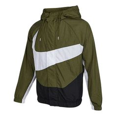 Men's Nike Sportswear Swoosh Large Logo Printing Hooded Woven Jacket Autumn Olive Green DD5968-326 Sports Hoodie For Sports Events, Sports Season Hoodie For Sports Events, Nike Sports Hoodie For Sports Season, Hooded Windbreaker For Fall Sports Events, Hooded Windbreaker For Sports Events In Fall, Hooded Fall Windbreaker For Sports Events, Long Sleeve Outerwear With Drawstring Hood For Sports Events, Sports Season Outerwear With Drawstring Hood, Sports Outerwear With Drawstring Hood