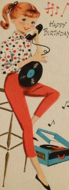 a woman sitting on top of a stool holding a record player