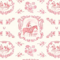 a pink and white wallpaper with an image of a man on a horse