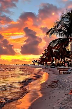 the sun is setting on the beach with palm trees