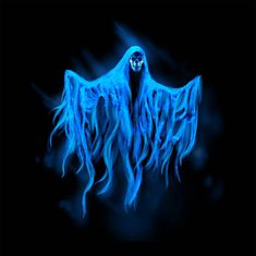 a blue ghost with long hair and eyes on it's face, standing in front of a black background