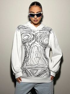 This Super Loose Body Contouring Printed Hoodie is a must-have for women looking for both comfort and style. Its loose fit allows for easy movement Fitted Hooded Hoodie With Graphic Print, Fitted Hooded Graphic Hoodie, Fitted Graphic Print Hooded Sweatshirt, Fitted Sporty Hoodie With Graphic Print, Fitted Graphic Print Sweatshirt For Spring, Stretch Hooded Sweatshirt With Graphic Print, Graphic Print Athleisure Hoodie For Fall, Athleisure Hoodie With Graphic Print For Fall, Fitted Graphic Print Hoodie For Fall