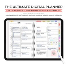 the ultimate digital planner includes 2021 - 202, mid - year - july - june & undated