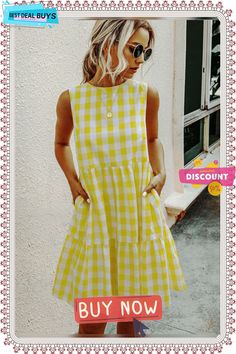 Fashion Round Neck Plaid Loose Female Plaid Dress Cake Skirt Casual Patchwork Sundress, Casual Plaid A-line Dress, Casual Sleeveless Dress For Spring Picnic, Fitted Casual Sleeveless Dress For Picnic, Gingham Patchwork Summer Dresses, Summer Gingham Dresses With Patchwork, Summer Gingham Patchwork Dress, Casual Tiered Sleeveless Dress For Day Out, Casual Cotton Patchwork Sleeveless Dress