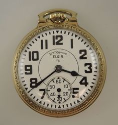 "This is a classic rail road grade pocket watch made by the Elgin Watch Co, USA The movement is a grade 571, model 20. Movement - the nickel ¾ plate movement has a lever escapement with a micrometer regulator. It has gold train wheels and capped escape wheel and lever. The movement is decorated with damascening and is signed \"BW Raymond, Elgin 571, N 14401, 8 Adjustments, USA, 21 Jewels\". The movement is in 85% mint condition - light scratches and some deeper marks on the winding wheels Case -