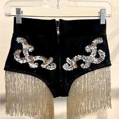 I Bought These A While Back For A Photo Shoot, They’re Beautiful! But I Can No Longer Fit Them, As I’ve Gained A Little Weight. The Measurements Are Waist: 24 Center Crotch: 6 1/2 Hips: 27 Chic Party Bottoms With Rhinestone Fringe, Black Embellished Bottoms For Party Season, Glamorous Black Bottoms With Rhinestone Fringe, Chic Bottoms With Rhinestone Fringe For Night Out, Glamorous Black Embellished Bottoms, Glamorous Embellished Black Bottoms, Embellished High Waist Bottoms For Night Out, Glamorous Fitted Shorts, Fitted Black Bottoms With Rhinestone Fringe