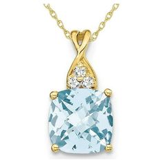 Simple and elegant this pendant featuring the birthstone for March has a beautiful square cushion cut aquamarine gemstone in a shimmering 14 karat yellow gold foundation. This pendant includes an 18 inch yellow gold chain and tiny accent diamonds sit above the juicy gemstone. 1.70 Carat (ctw) Natural Aquamarine Pendant Necklace in 14K Yellow Gold with Chain Size: one size.  Color: Blue.  Gender: female.  Age Group: adult. L Necklace, Aquamarine Pendant, Aquamarine Necklace, Aquamarine Gemstone, Yellow Gold Chain, Natural Aquamarine, March Birth Stone, Blue Gender, Cushion Cut