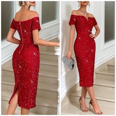 New Luxe Sequin Off Shoulder Bodycon Midi Dress * Short Sleeve * Off Shoulder * Notched Neckline Detail * High Waist * Fitted Bodycon Style * Exposed Back Zip * Back Vent Hem *Approximate Measurements* Xs (2) *Bust 30.5"(Up To 34") *Waist 25.25"(Up To 26") * Hip 33.5"(Up To 36") * Length 38.5" Small (4) *Bust 32.25"(Up To 35.25") *Waist 26.75"(Up To 27.5") * Hip 35"(Up To 37.25") *Length 39.25" Medium (6) *Bust 34"(Up To 37") *Waist 28.25"(Up To 29") * Hip 36.5"(Up To 39") *Length 40.25" Large ( Red Sequined Bodycon Dress For Evening, Red Sequined Midi Dress For Evening, Red Sequined Party Midi Dress, Red Sequin Midi Dress For Cocktail, Red Short Sleeve Midi Dress For Party, Glamorous Red Knee-length Dress, Glamorous Red Short Sleeve Dresses, Red Fitted Midi Dress For Holiday Party, Fitted Red Midi Dress For Holiday Party