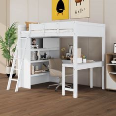 a white loft bed with desk underneath it and shelves on the wall next to it