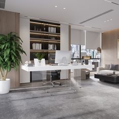 a modern office with an l shaped desk