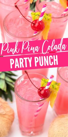 pink pina cola party punch with pineapple and cherry garnish