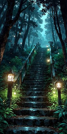 a set of stairs leading up to a forest filled with trees and bushes at night